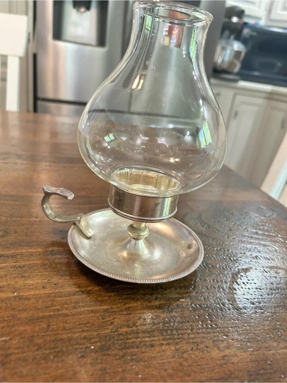 Vtg Chamberstick Candle Holder With Glass Chimney and Finger Handle Metal (2)